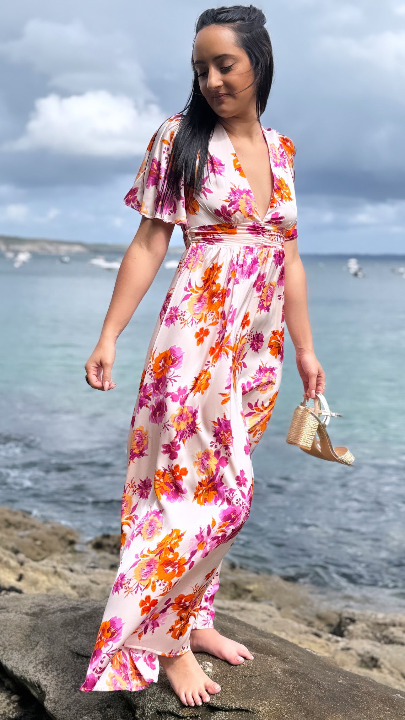 robe longue femme floral matière satinée