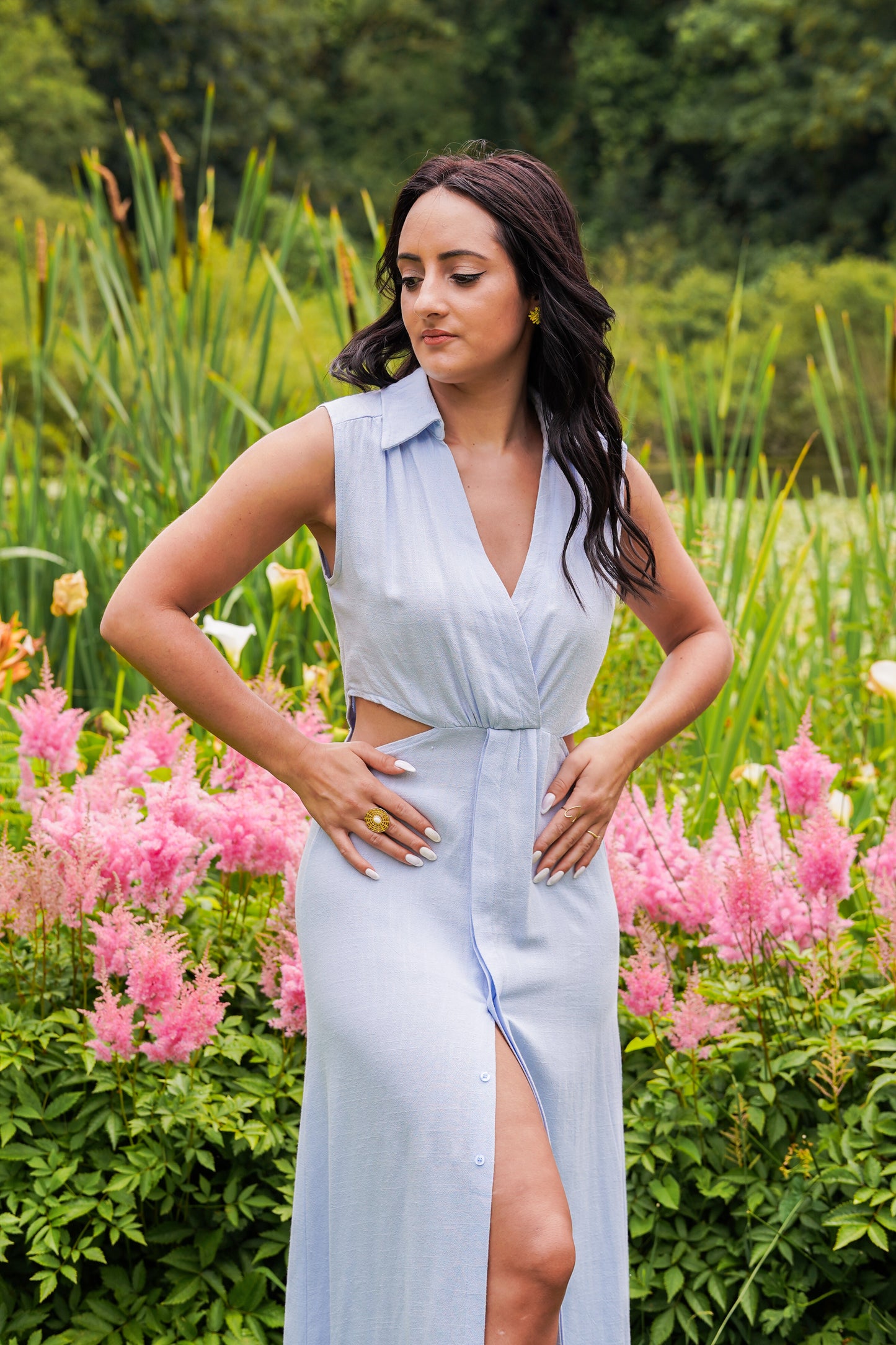 robe longue chemise bleu ciel femme