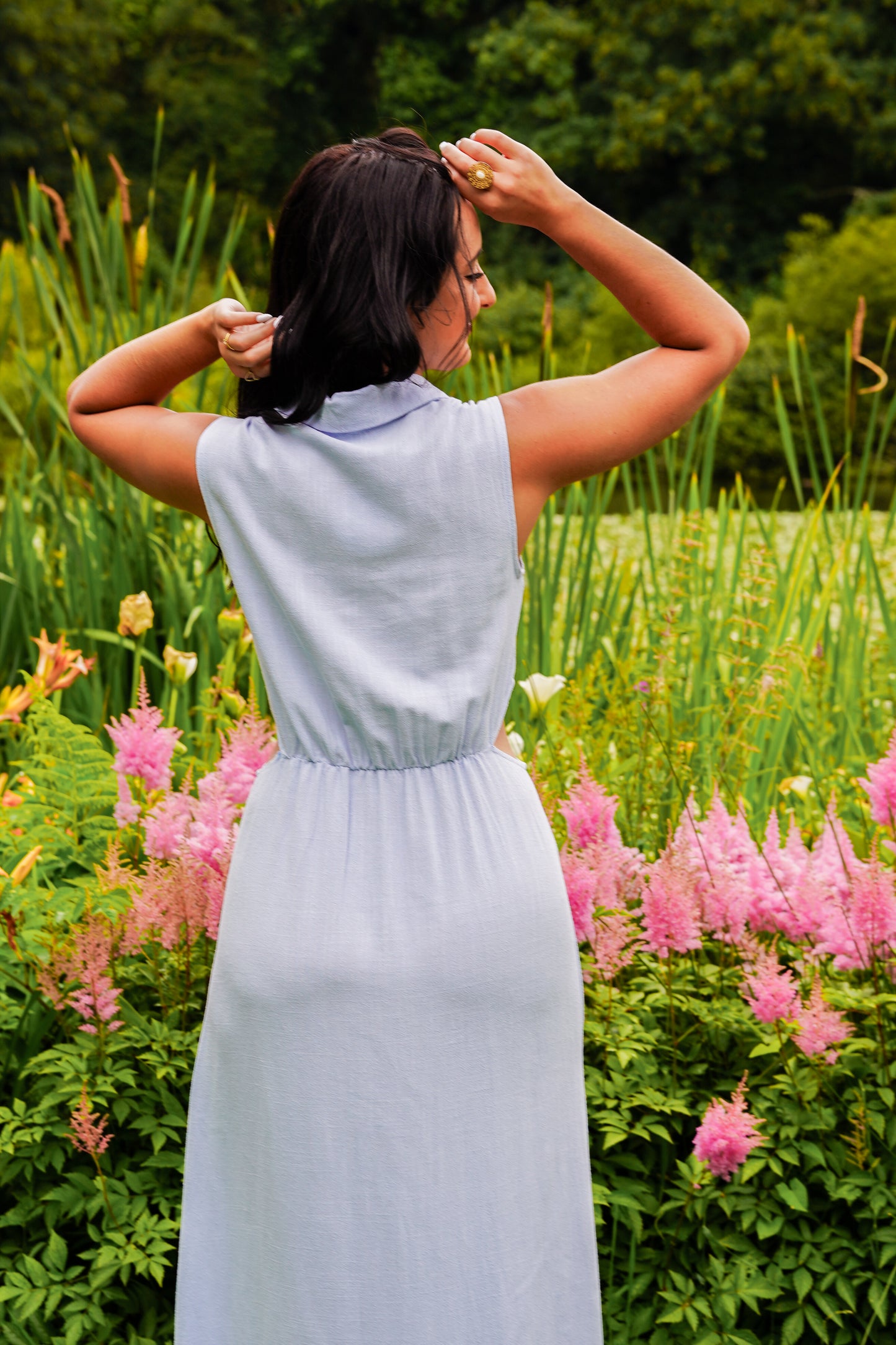 robe longue bleu ciel ouverture à la taille femme